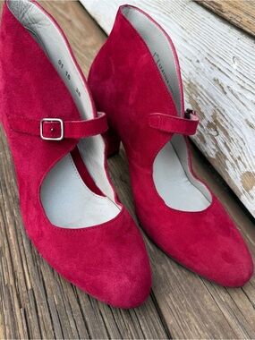 Eric Michael Red Suede Mary Jane Heels EU 38 Block Heel Leather Shoes